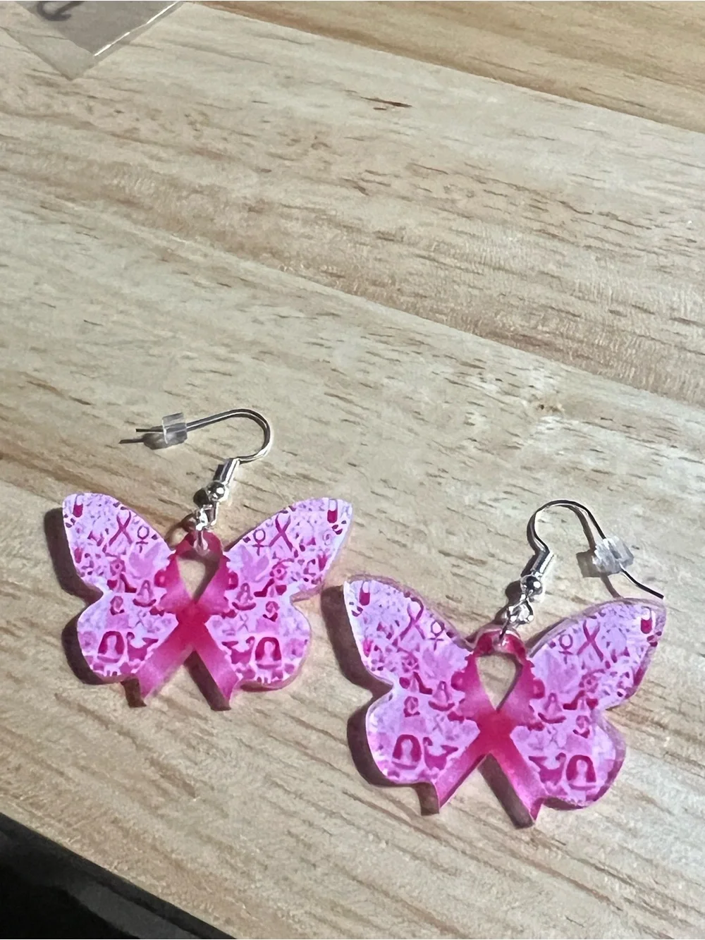 Pink Butterfly Ribbon Dangle Earrings - B284